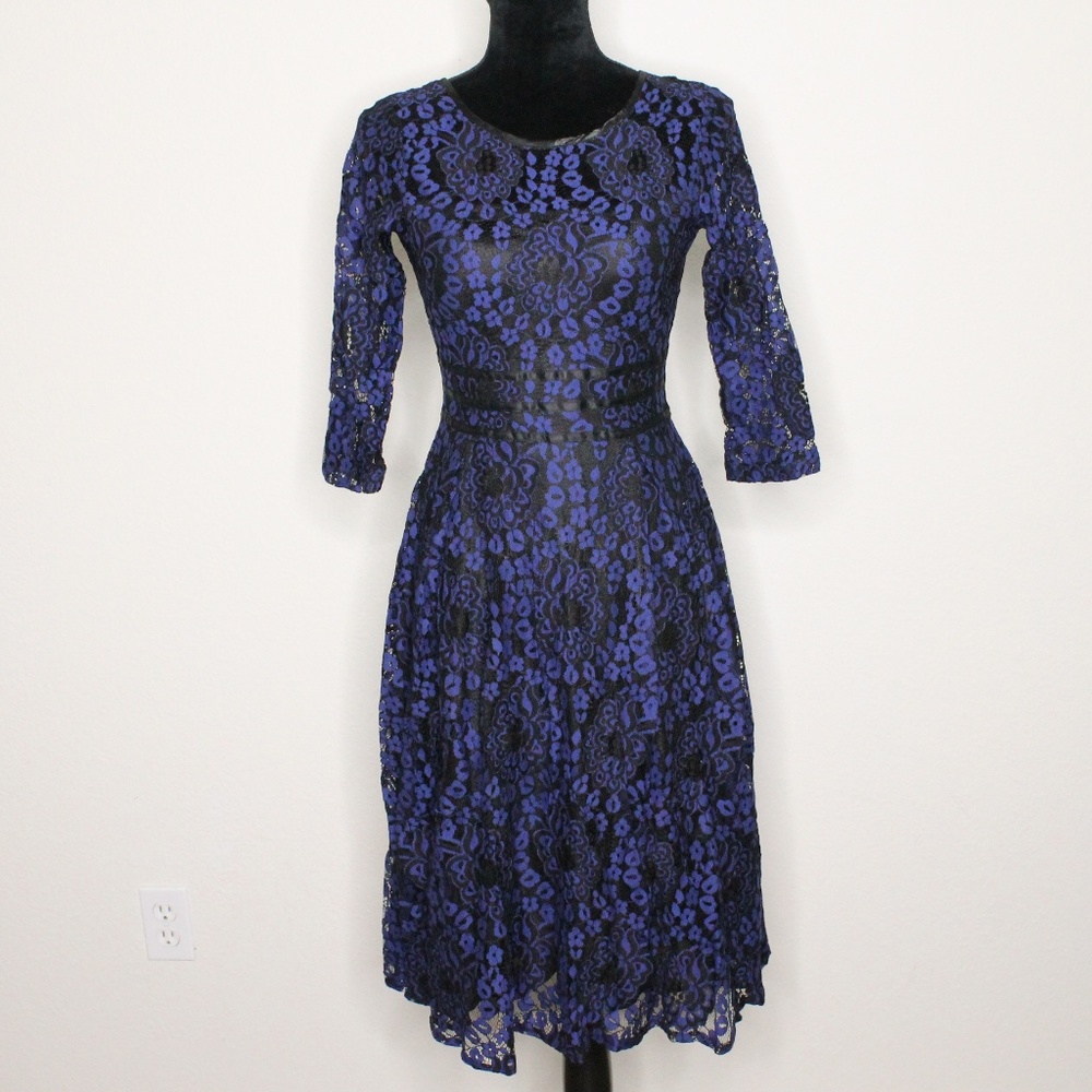 Top Melon Women's Small Blue Black Floral Lace Overlay Cocktail Midi Dress